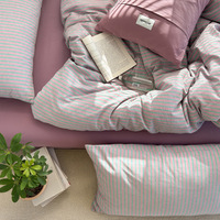 Ensemble de literie 4 pièces en coton lavé percale certifié GOTS, rayures personnalisées, style vintage, drap-housse, drap plat, housse de couette
