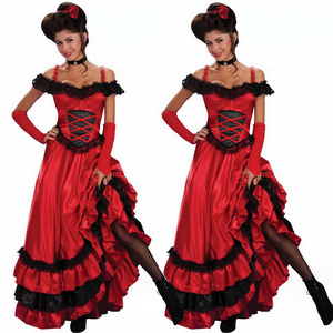 Vestido Sexy Estilo Gitano Español Rojo con Encaje Cancan, Vestido Largo de Fiesta con Hombros Descubiertos para Mujer, Vestido de Fiesta de Talla Grande Estilo Saloon Occidental - Product Image 1