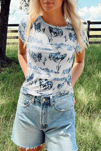 Camiseta de malla beige con estampado <span class=keywords><strong>Mustang</strong></span> River para mujer, estilo vintage occidental, impresión digital, para verano, venta al por mayor 2026 - Product Image 2