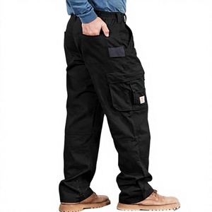 Men's <b>Black</b> Cotton <b>Work</b> <b>Pants</b> With Multiple Pockets Abrasion Resistant Elastic Waist Cargo Trousers - Product Image 1