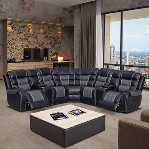 Sofá esquinero reclinable en forma de L, tapizado en cuero sintético, con dos consolas de almacenamiento, precio de fábrica económico, para sala de estar de hotel o villa. - Product Image 1