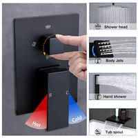 Ensemble de douche mural contemporain brossé à 3 fonctions avec cascade, pommeau de douche thermostatique en laiton massif et mitigeur de douche 3 voies