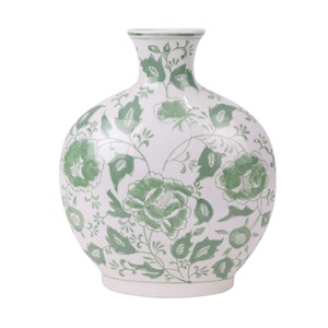 Jarrón de cerámica con diseño de hojas y flores verdes para decoración del hogar de alta calidad, florero de vientre plano para abrazar la luna - Product Image 1