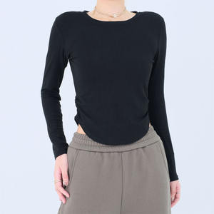Top de mezcla modal de textura arrugada de manga larga con cuello redondo de tacto de seda, blusa minimalista de oficina a cena con aberturas laterales - Product Image 4