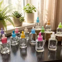 Flacon compte-gouttes rond en verre transparent à prix d'usine avec bouchon en plastique coloré, rechargeable, logo personnalisé, emballage cosmétique en gros