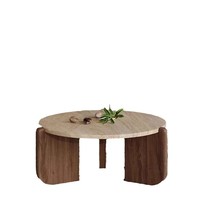 Runder Travertin-Couchtisch mit Massivholzrahmen, Minimalistischer Kleiner Niedriger Steintisch für Kleine Wohnungen, Wohnzimmer und Balkon