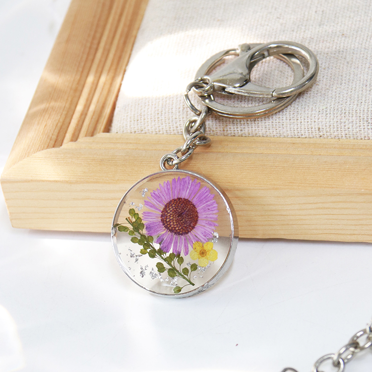 Portachiavi Con Fiori Pressati Veri - Non Ti Scordar Di Me In Resina - Fatto A Mano - Argento