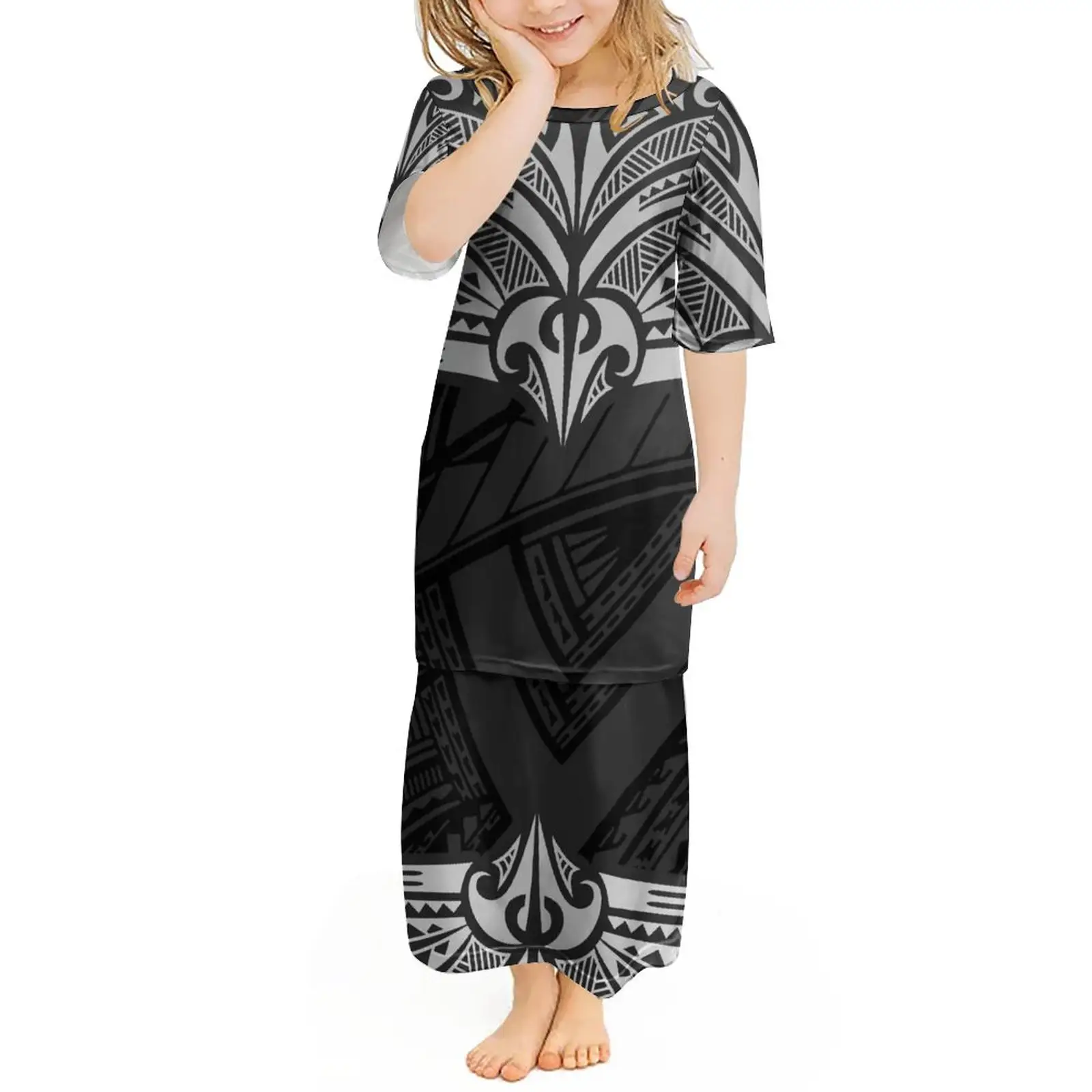2022 Hot Sale Toddler Kids Girls Puletasi Dress Samoa Polynesian Tattoo Children Clothes Half Sleeve Top Skirts Two Piece Set