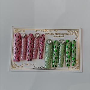 Nuevo diseño Crystal Pink Bling Press On Nails Long Square Soft Gel Grueso Lujo Hecho a mano Falso <span class=keywords><strong>Uñas</strong></span> postizas 10pc - Product Image 5