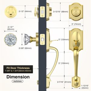 Juego de manija y cerrojo para puerta principal Calzibeno Vintage, cerradura de entrada de zinc pulido dorado con pomo de cristal, operada con llave - Product Image 6