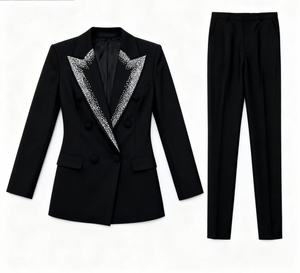Traje de Dos Piezas para Mujer, <span class=keywords><strong>Blazer</strong></span> Cruzado con Pedrería <span class=keywords><strong>Verde</strong></span> <span class=keywords><strong>Lima</strong></span> y Pantalones Acampanados - Product Image 2