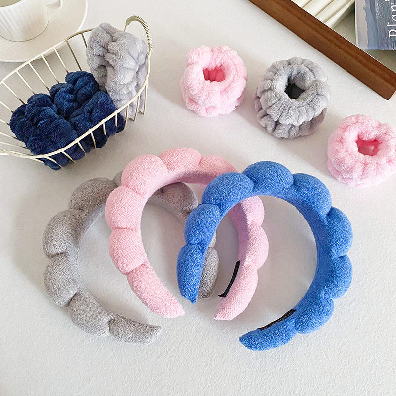 Custom Terry Towel Cloth Spa Wrist Washband Face Wash Set Puffy Sponge Makeup Elastic Hairband Non Slip Padded Soft Headband