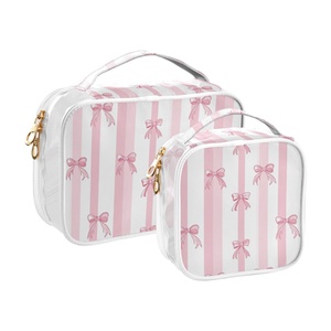 Hawaiian Custom Bow Pink Flower Women 2-pack Transparent PVC Clear <b>Make</b> <b>up</b> Organizer <b>Pouches</b> Travel Toiletry Bags - Product Image 2