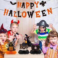 Décorations d'Halloween : Centre de Table Nid d'Abeille et Kit de Bannières - Chat Noir, Maison Hantée, Citrouille - Fournitures de Décoration pour Fête d'Halloween