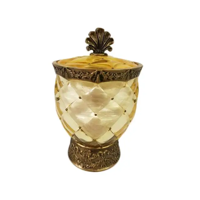 Resin Crystal Quilted Amber Antique Brass Jar And Lid For Tip Jar