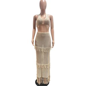 Maglione di moda Sexy estivo in tinta unita da spiaggia senza maniche lunga lunga lunga con nappe gonna a due pezzi da donna due pezzi <span class=keywords><strong>Se</strong></span> - Product Image 5