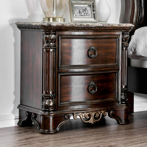 Marble Top Nightstand With 2 <b>Drawers</b> Brown Cherry Wood <b>Storage</b> <b>Drawer</b> Cabinet Bedroom Furniture - Product Image 2
