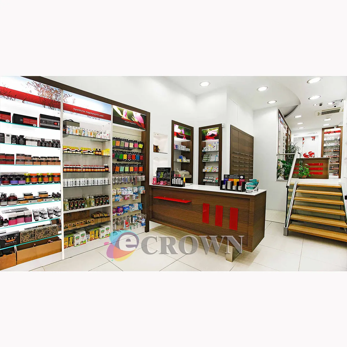 Guangdong Supplier High Quality counter shop wood Installation Exhibitor pharmacy shop design Concept