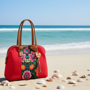 Bolso de Playa Mediano de Algodón Rojo para Mujer, Marca Fana Ember, con Cierre de Cremallera y Estampado de Leopardo - Product Image 2