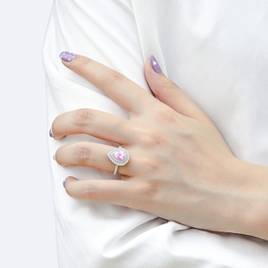 Cincin bentuk hati batu merah muda 18K berlapis emas mawar 925 perak murni cincin pertunangan set untuk wanita - Product Image 5