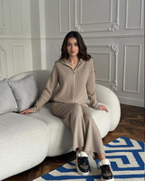 Dropshipping Casual Knit 2 Piece Suit Femmes Pant Set Solid High-Waist Bell Bottoms Lapelzip-Up Sweater Loose-Fit Knit Top