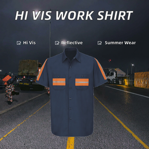 Chemise de travail haute visibilité en polyester à manches courtes avec bande réfléchissante, deux poches, uniforme de sécurité, travaux routiers, assainissement, fluorescente - Product Image 2