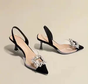 Sepatu hak runcing untuk wanita seksi sepatu stiletto wanita berkancing kotak berlian transparan baru