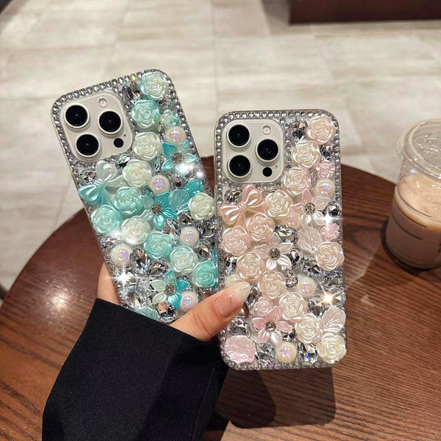 Luxury 3D Colorful Flower Diamond Design Shiny Bling Phone Case for iPhone 16 15 14 13 Cute Girls Cover Coque