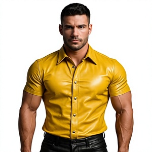 Men's Yellow <b>Leather</b> Look Short Sleeve <b>Dress</b> Shirt Turn Down Collar Solid Color Formal Summer Wear - Product Image 1