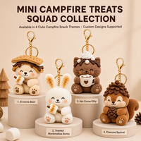 Porte-clés en peluche personnalisé Ours S'mores, Teddy de feu de camp avec capuche en biscuit Graham et guimauve grillée, Logo personnalisé