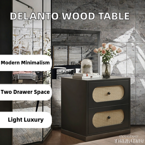 Delanto Italian <b>Minimalist</b> Wooden <b>Bedside</b> <b>Table</b> with 2 Drawers-Modern Cream Black Leather for Apartment & Hotel Use - Product Image 2