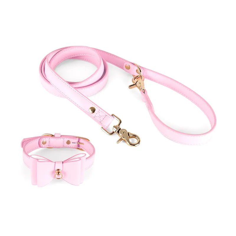 Personalized Luxury PU Leather Pet Lead Designer Adjuster Dog Collars Leash With Bowtie For Dog