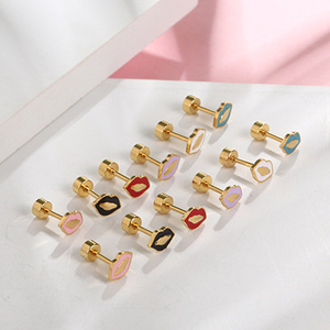 Maßgefertigte Titan-Stahl Niedliche Baby-Schmucksets Teenager-Ohrstecker Roter Mund Lippen-Emaille Ohrstecker Stahl-Ohrringe Sets für Kinder - Product Image 5