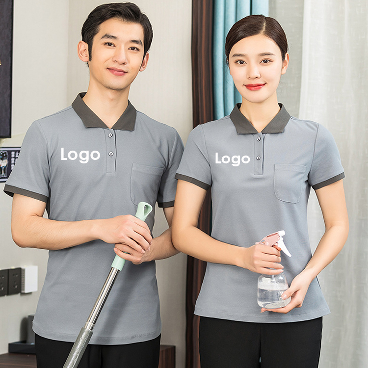 Logo personalizzato unisex pulizie hotel house maid spa uniforme pulizia tuta polo da uomo in jersey 100% poliestere tasca