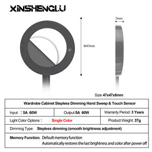 Interrupteur intelligent à capteur tactile et à détection de mouvement pour éclairage de placard et armoire, gradation progressive, fonction mémoire, certifié CE UL RoHS - Product Image 2