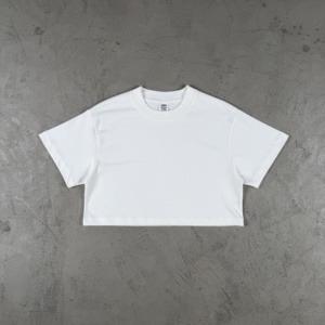 Crop top en coton lourd pour <span class=keywords><strong>femme</strong></span> avec logo personnalisé, <span class=keywords><strong>t</strong></span>-<span class=keywords><strong>shirt</strong></span> court à <span class=keywords><strong>col</strong></span> rond vintage à manches courtes, style streetwear Y2K, haute qualité - Product Image 5