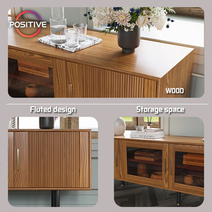 Meuble <span class=keywords><strong>TV</strong></span> moderne du milieu du siècle <span class=keywords><strong>en</strong></span> noyer avec panneaux de bois cannelés et armoires à façade <span class=keywords><strong>en</strong></span> verre pour le MSTV-<span class=keywords><strong>96</strong></span> de rangement du salon - Product Image 3