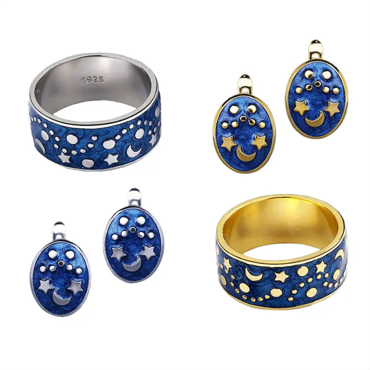 Emaille Schmuck Set neue exquisite Stern und Mond Form zweifarbige handgemachte blaue Emaille Ring und Ohrringe für Frauen