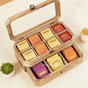 Wooden Double Layer <b>Tea</b> Storage <b>Box</b> With Lid Divided Compartments Desktop Organizer For <b>Tea</b> Coffee Bags - Product Image 1