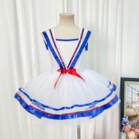 Gaun Tutu Balet Gaya Layar untuk Pertunjukan Panggung Anak Perempuan, Kostum Tari Bertema Nautikal, Rok Tulle Putih dengan Hiasan Merah Biru dan Pita