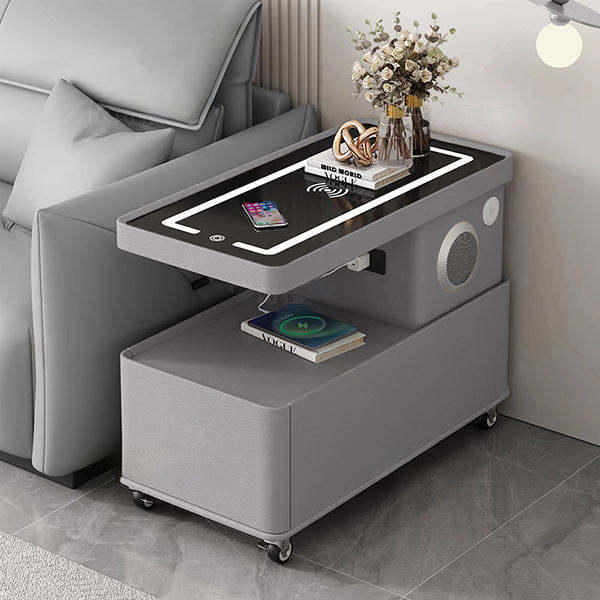 Smart Side Table with Wireless Charging Bluetooth Speaker 1-Drawer Wood Mobile Wheels E0 Grade for Living Room Bedroom