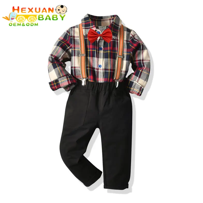 Autumn toddler Cotton Gentleman Baby Boys Clothes Set Plaid Long Sleeve Top Biw Tie Shirt Rompers Suspenders Pants 2023