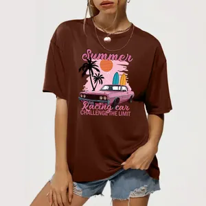 Hot sale New York popular funky t-shirts Summer style coconut tree Beach car letter graphic t shirts print women's t-shirts