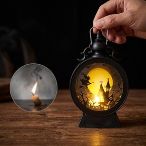 Oferta Especial: Linterna LED Vintage Redonda sin Llama con Escena de Halloween (Murciélago, Castillo, Calabaza) - Adorno de Luz Nocturna - Product Image 6