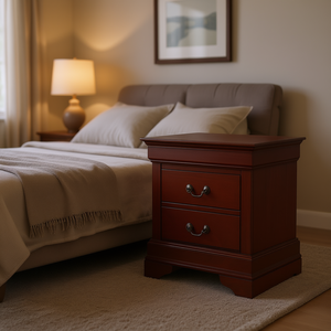 Table de chevet en bois massif Db Charming Cherry Finish, 2 tiroirs, meubles de chambre à coucher de luxe antiques pour usage domestique - Product Image 2