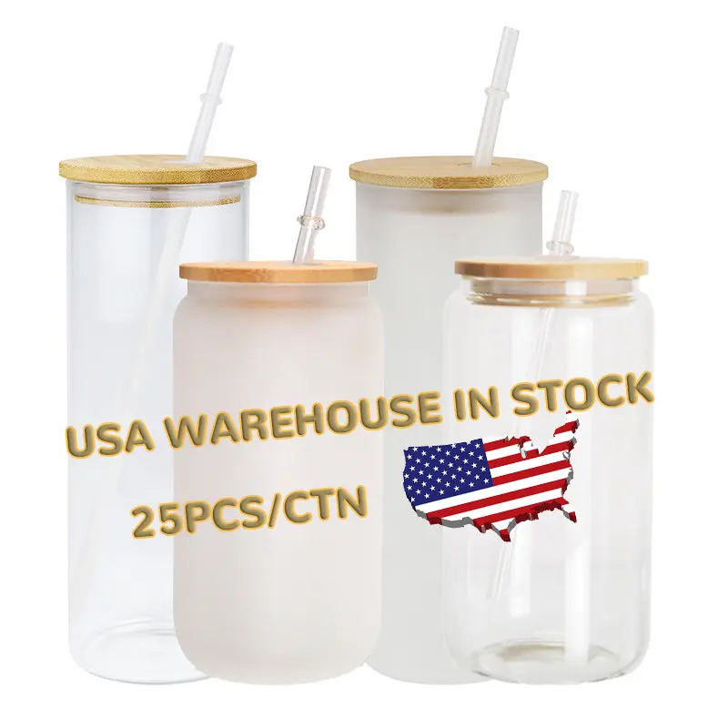 Hot sale US stocked 12oz 16oz frosted clear soda juice can shaped sublimation beer can glass with bamboo lid and straw