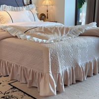 Parure de lit en coton premium à volants, beige rose, avec bordure en dentelle jacquard et passepoil, 4 pièces (housse de couette, drap, taies d'oreiller)
