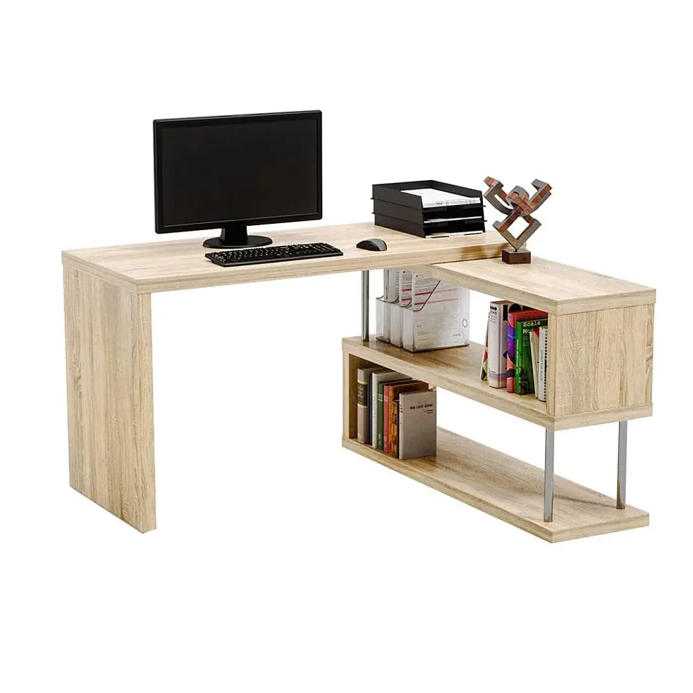 Modern Adjustable Design Folding Wooden Game Center Gaming Laptop PC Home Office Computer L-shape Table With Bookshelf