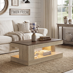 Table basse en bois moderne avec éclairage contrôlé par application, table basse en bois bicolore, table basse à 2 niveaux avec rangement pour le salon - Product Image 1