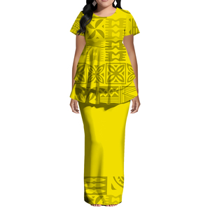 Nuovo Arrivo: Abito Lungo Blu Puletasi con Volant, Design Personalizzato Stile Hawaii, Abito a Maniche Corte, Abito Tribale Polinesiano da Donna in 2 Pezzi - Product Image 3